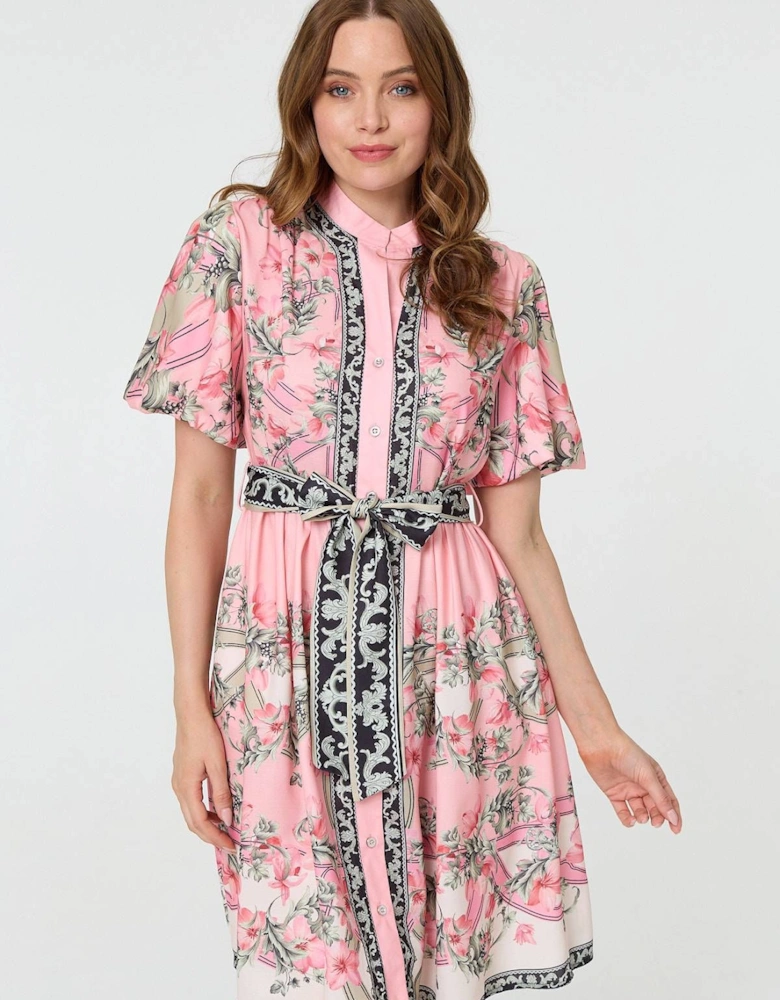 Border Print Tie Waist Short Dress