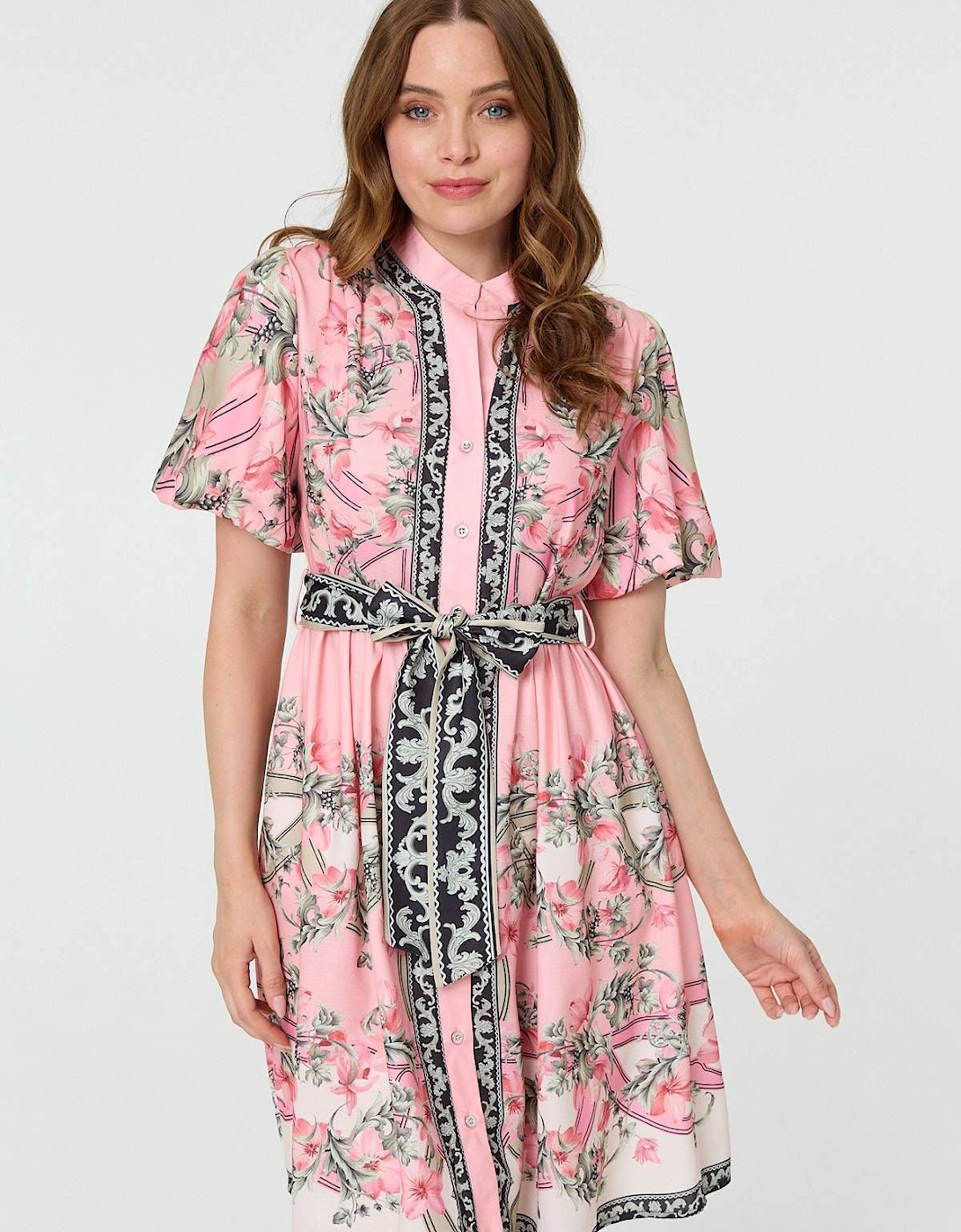 Border Print Tie Waist Short Dress, 2 of 1