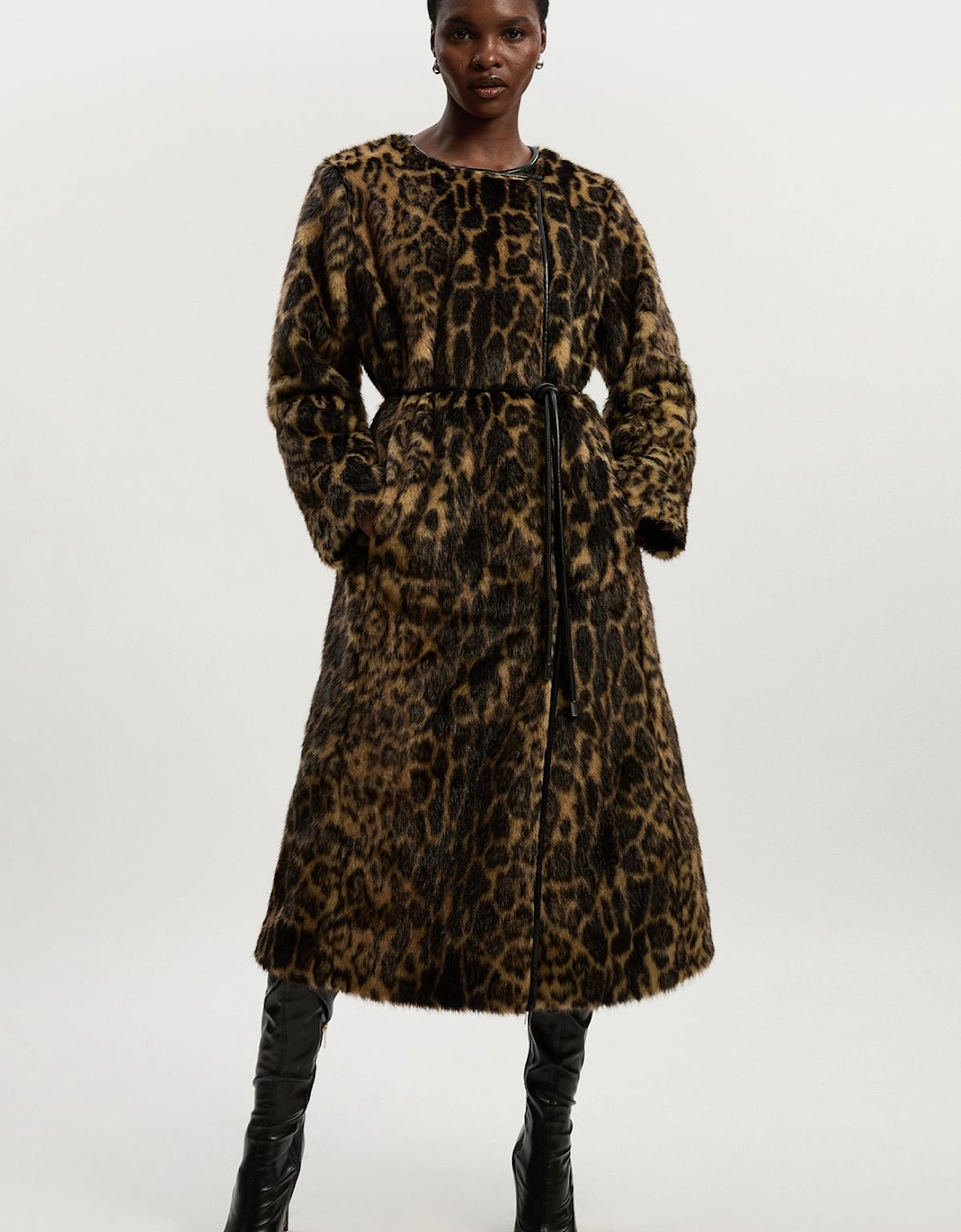 Faux Fur Leopard Collarless Tie Belted Midi Coat, 2 of 1