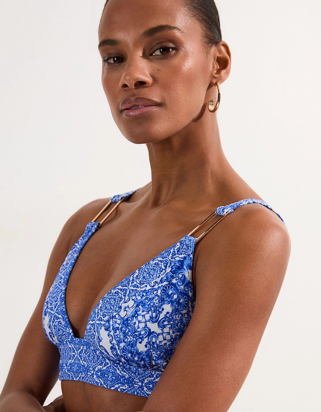Blue Scarf Print Plunge Bikini Top, 2 of 1