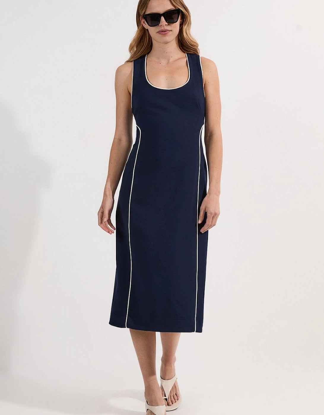 Compact Stretch Contrast Tipped Tailored Pencil Midi Dress, 2 of 1