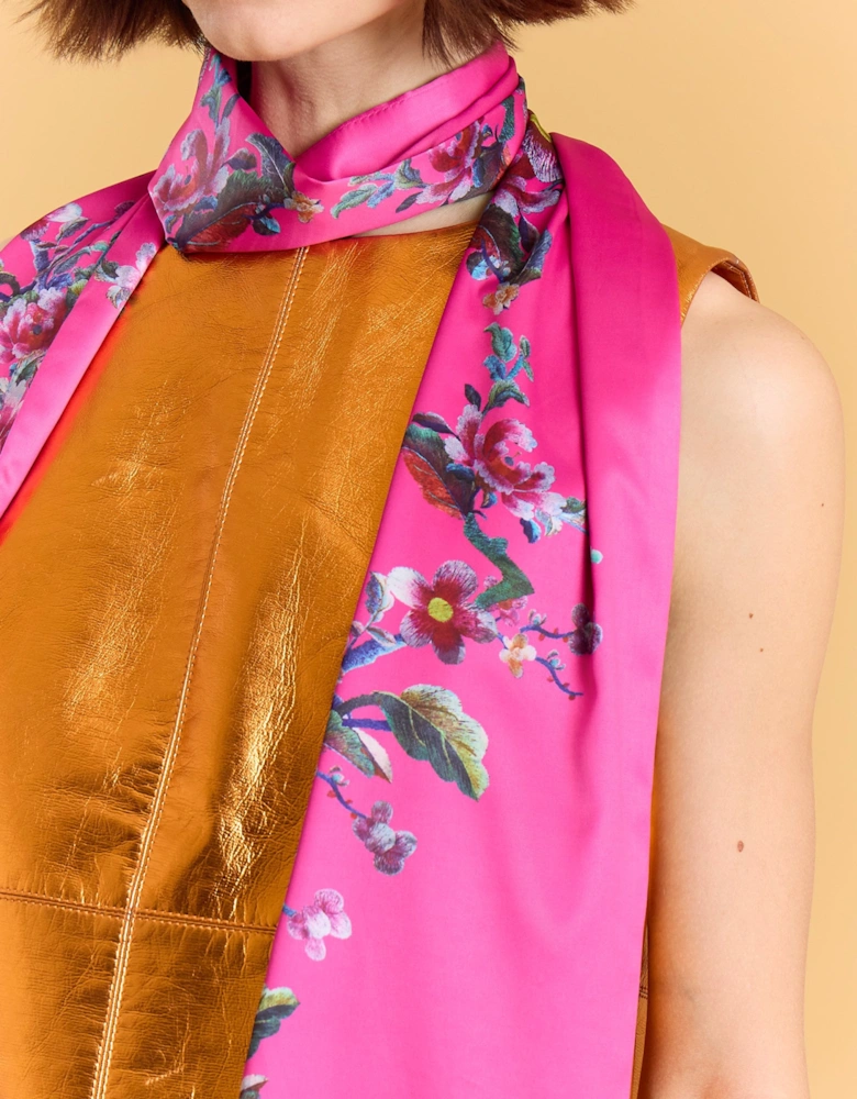 Hot Pink Silk Pink Blend Floral Long Scarf
