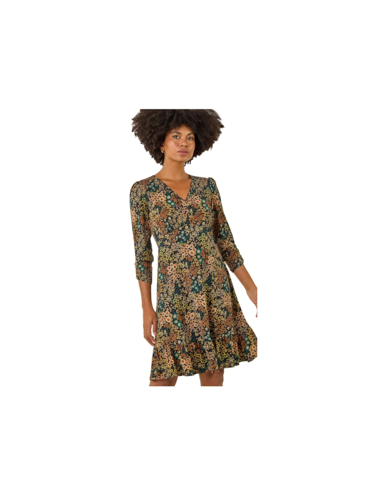 Floral Print V-Neck Stretch Dress
