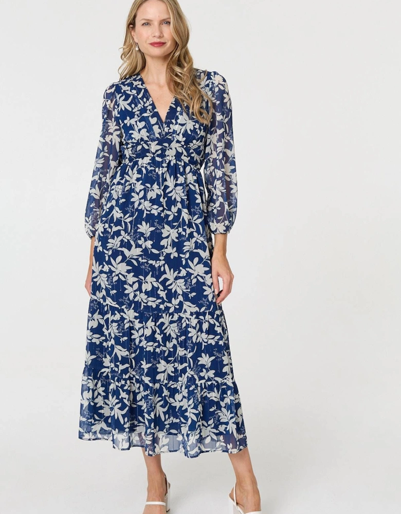 Leaf Print Sheer Layer Empire Maxi Dress