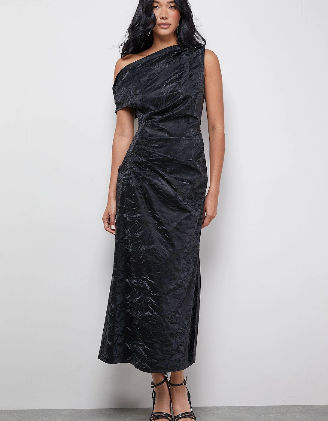 Faux Crinkle Leather Fallen Shoulder Ruched Waist Midi Dress, 2 of 1
