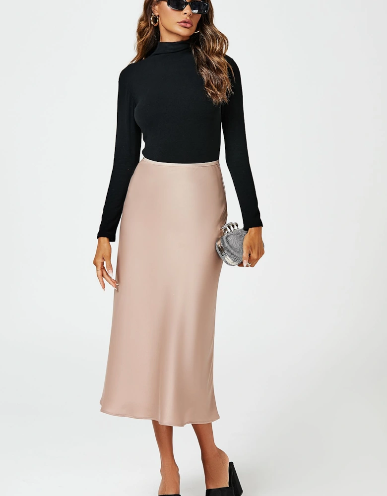 Satin Midi Skirt In Light Brown