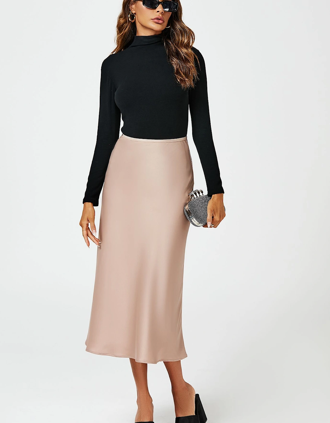 Satin Midi Skirt In Light Brown, 2 of 1