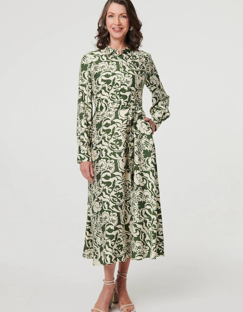 Printed Long Sleeve Shirt Midi Dress