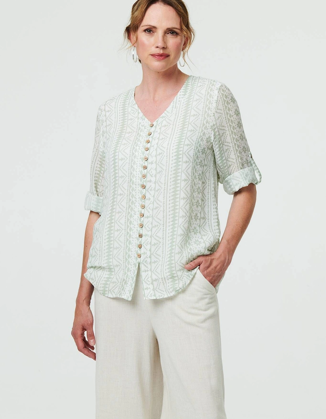 Printed Button Front Curve Hem Blouse, 2 of 1