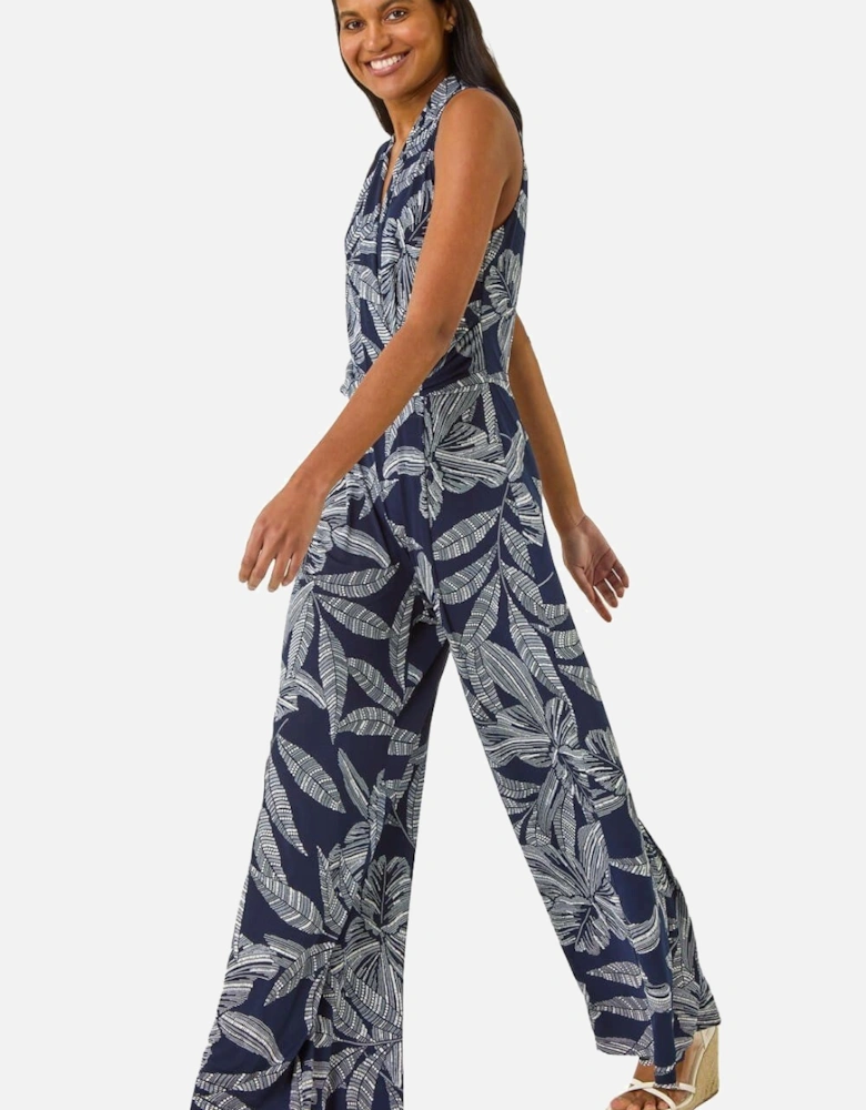 Leaf Puff Print Crossover Jumpsuit