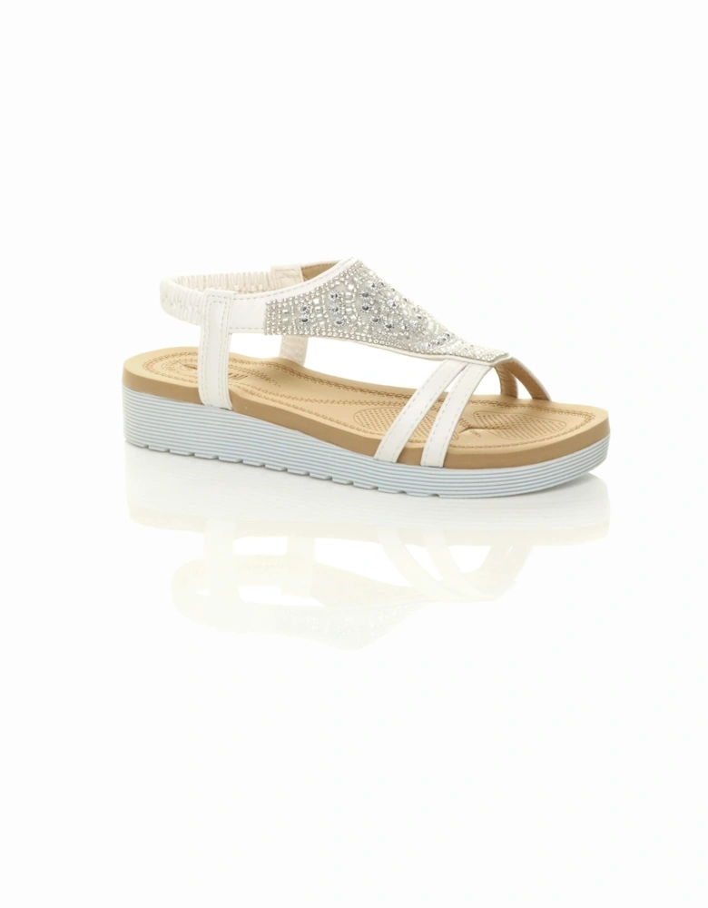 Low Wedge Heel Diamante T-Bar Slingback Sandals  Flatforms