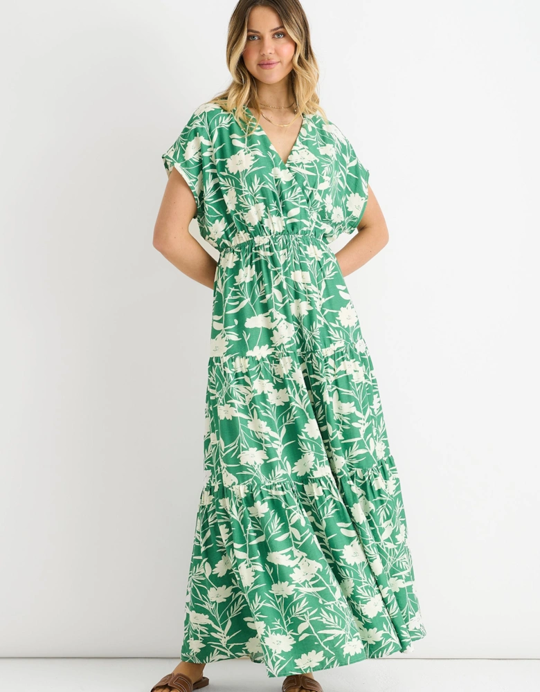 Green Floral Elastic Waist Maxi Dress