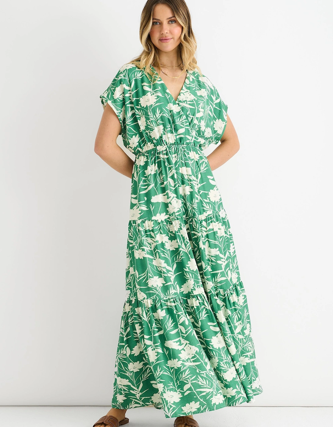 Green Floral Elastic Waist Maxi Dress, 2 of 1