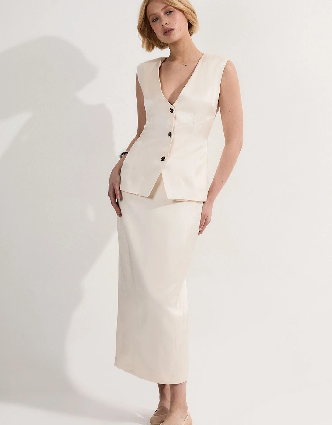 Premium Viscose Linen Tailored Ruffle Pencil Midi Dress, 2 of 1