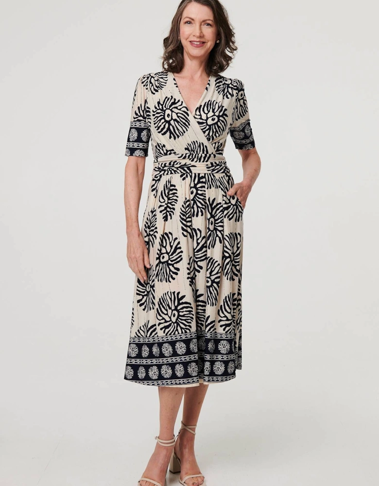 Border Print Ruched V-Neck Midi Dress