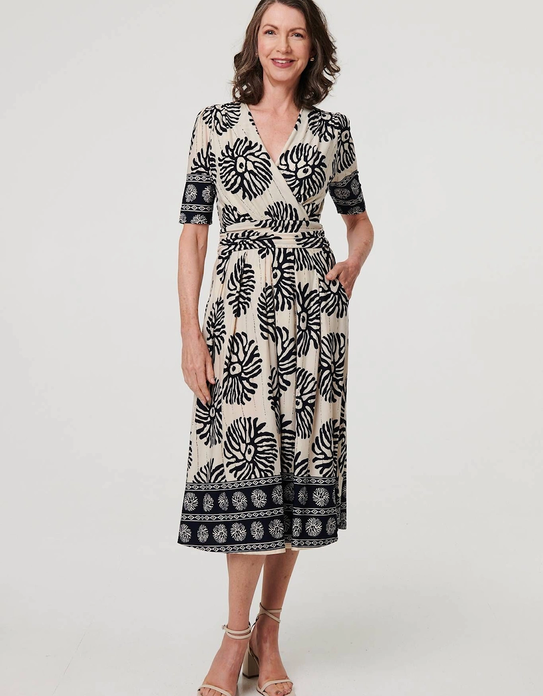 Border Print Ruched V-Neck Midi Dress, 2 of 1