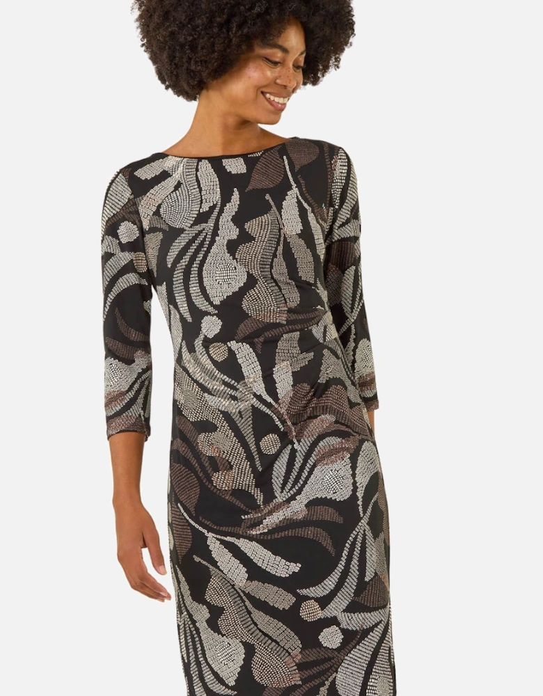Abstract Print Ruched Midi Stretch Dress