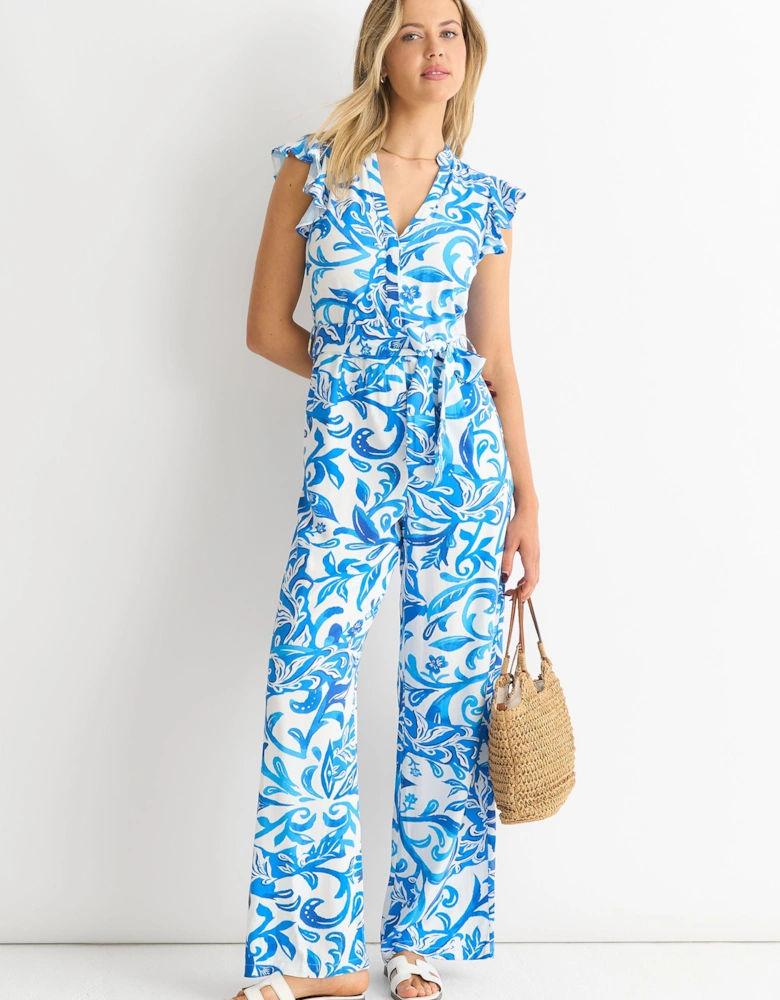 Blue Floral Ruffle Sleeeves Jumpsuit