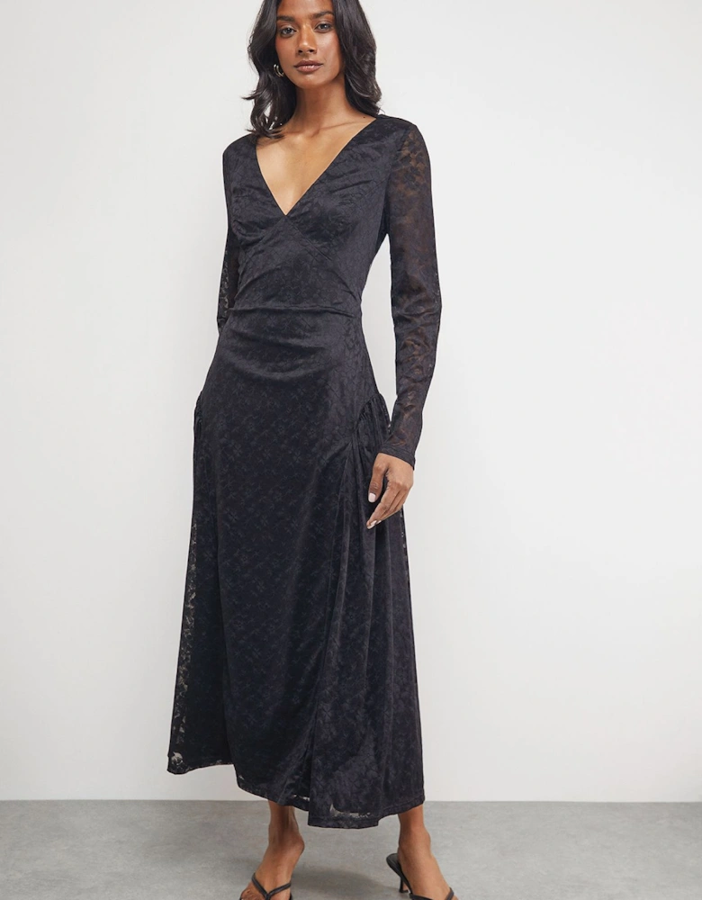 Lace V Neck Godet Detail Midi Dress