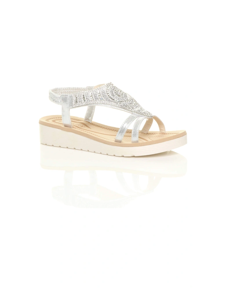 Low Wedge Heel Diamante T-Bar Slingback Sandals  Flatforms