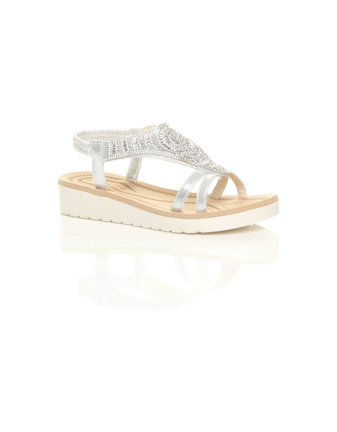 Low Wedge Heel Diamante T-Bar Slingback Sandals  Flatforms, 2 of 1