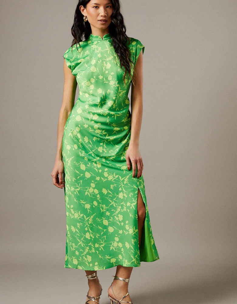 Crinkle Satin Button Side Midi Dress