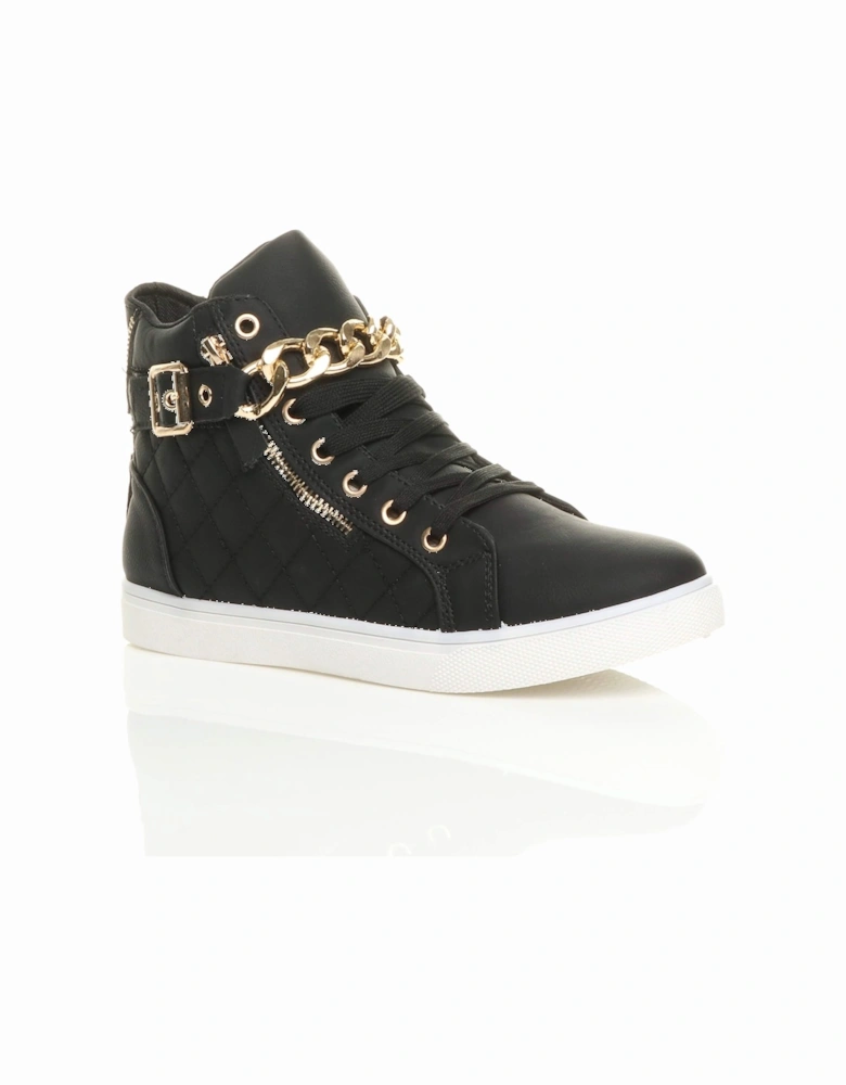 Low  Heel Gold Chain Lace Up Trainers Faux Leather Hi Tops