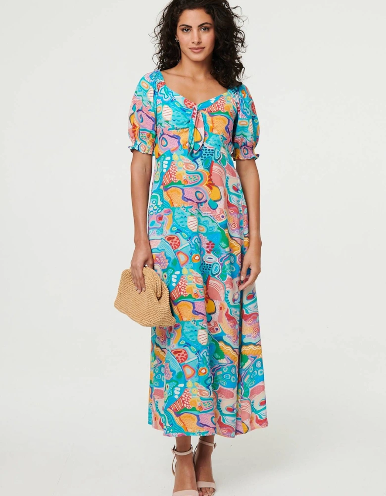 Abstract Tie Neck Puff Sleeve Midi Dress