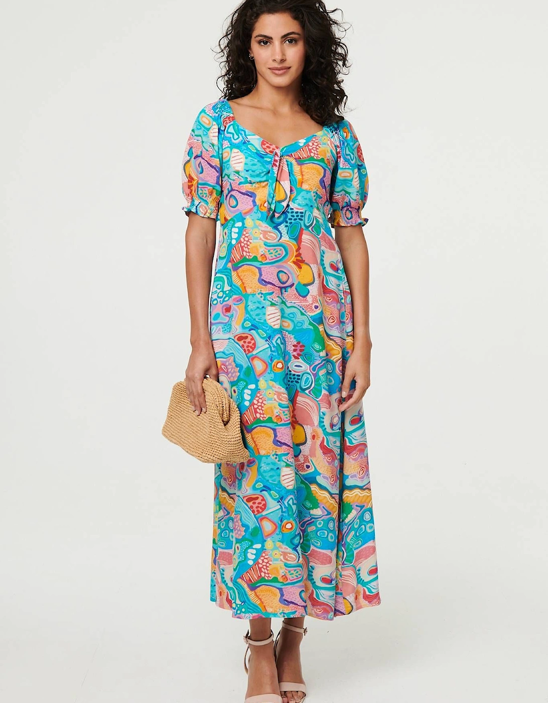 Abstract Tie Neck Puff Sleeve Midi Dress, 2 of 1