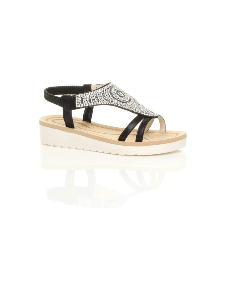 Low Wedge Heel Diamante T-Bar Slingback Sandals  Flatforms