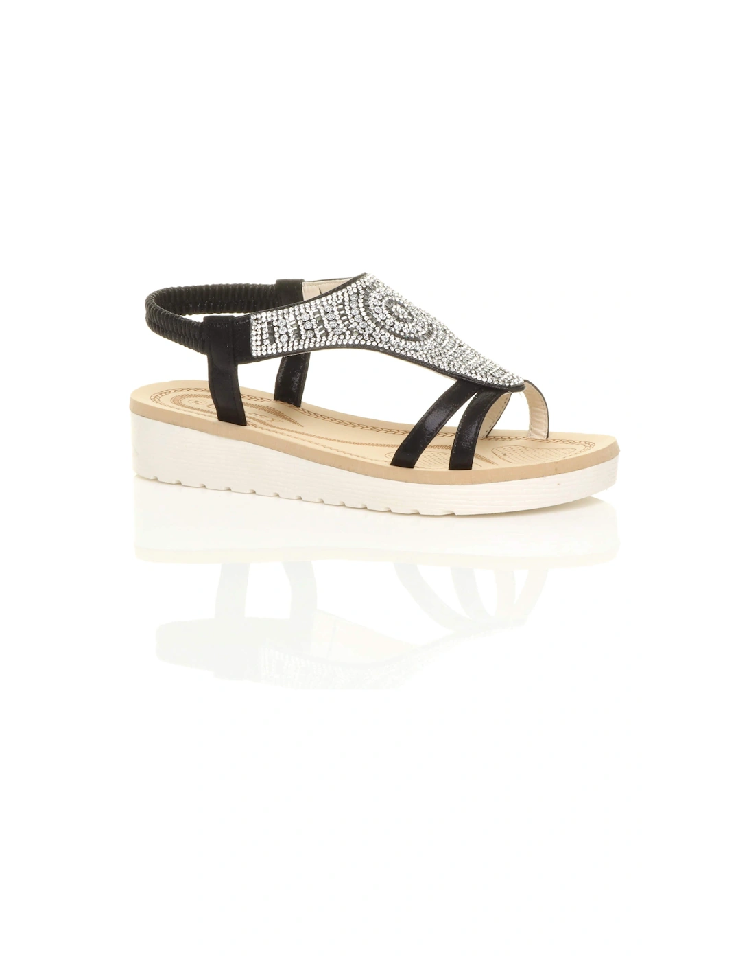 Low Wedge Heel Diamante T-Bar Slingback Sandals  Flatforms, 2 of 1
