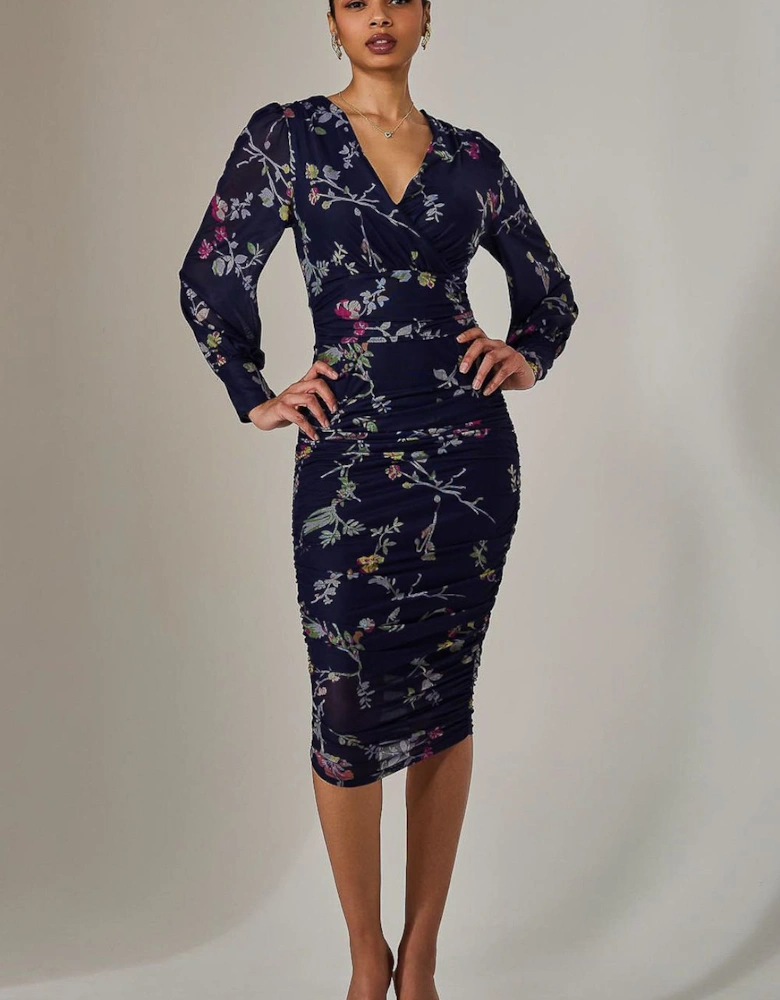 Mesh Long Sleeve Ruched Bodycon Dress
