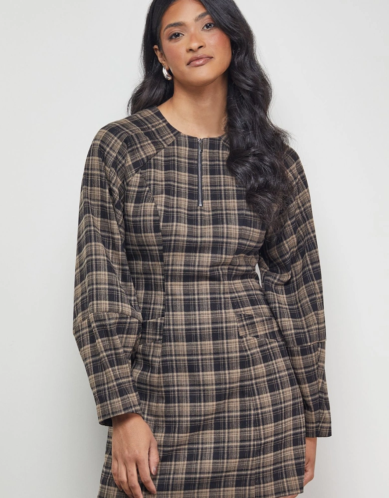Check Structured Seam Zip Front Mini Dress