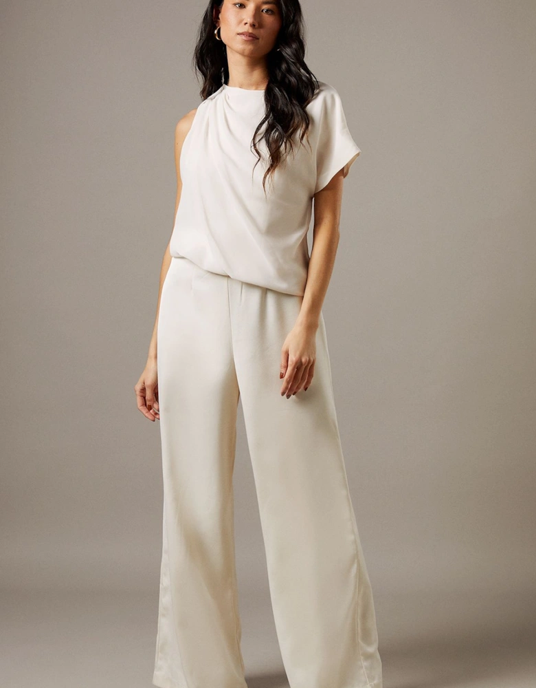 Satin Chiffon Mix One Shoulder Drape Jumpsuit