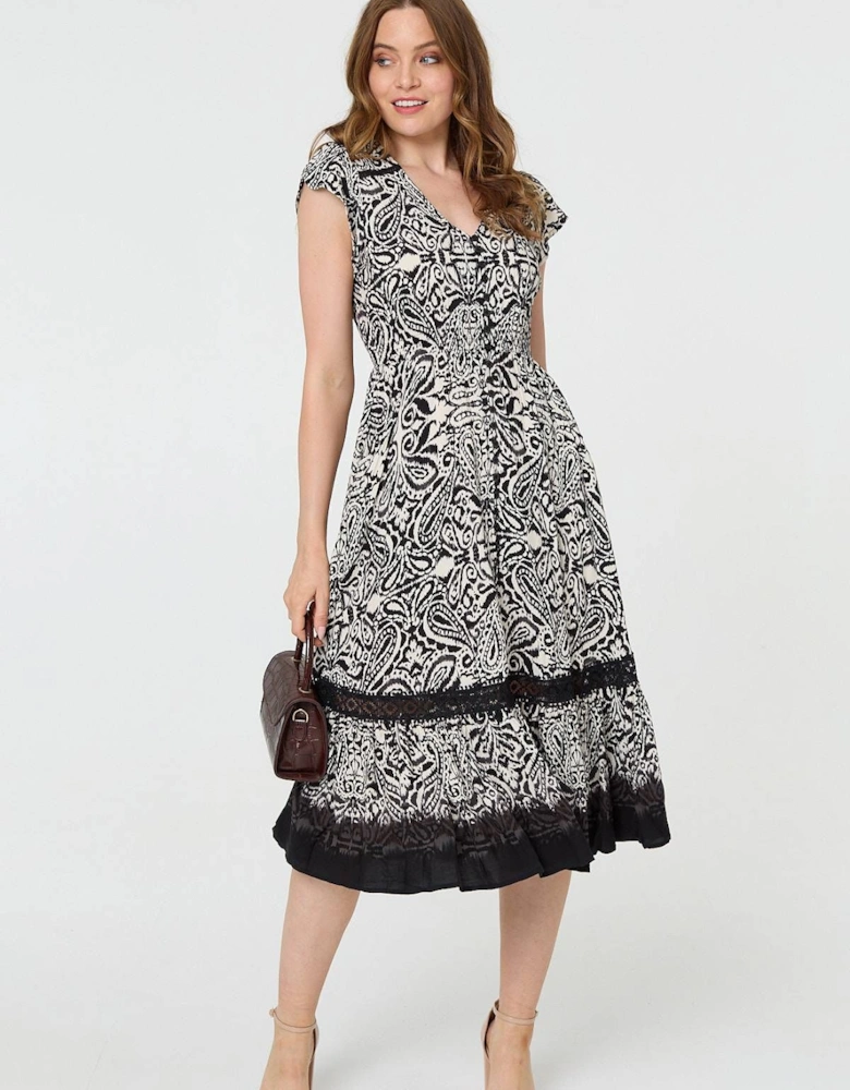 Border Print Shirred Knee Length Dress