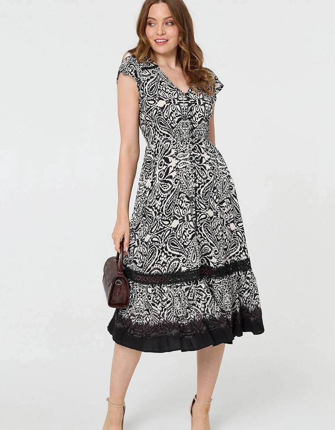 Border Print Shirred Knee Length Dress, 2 of 1