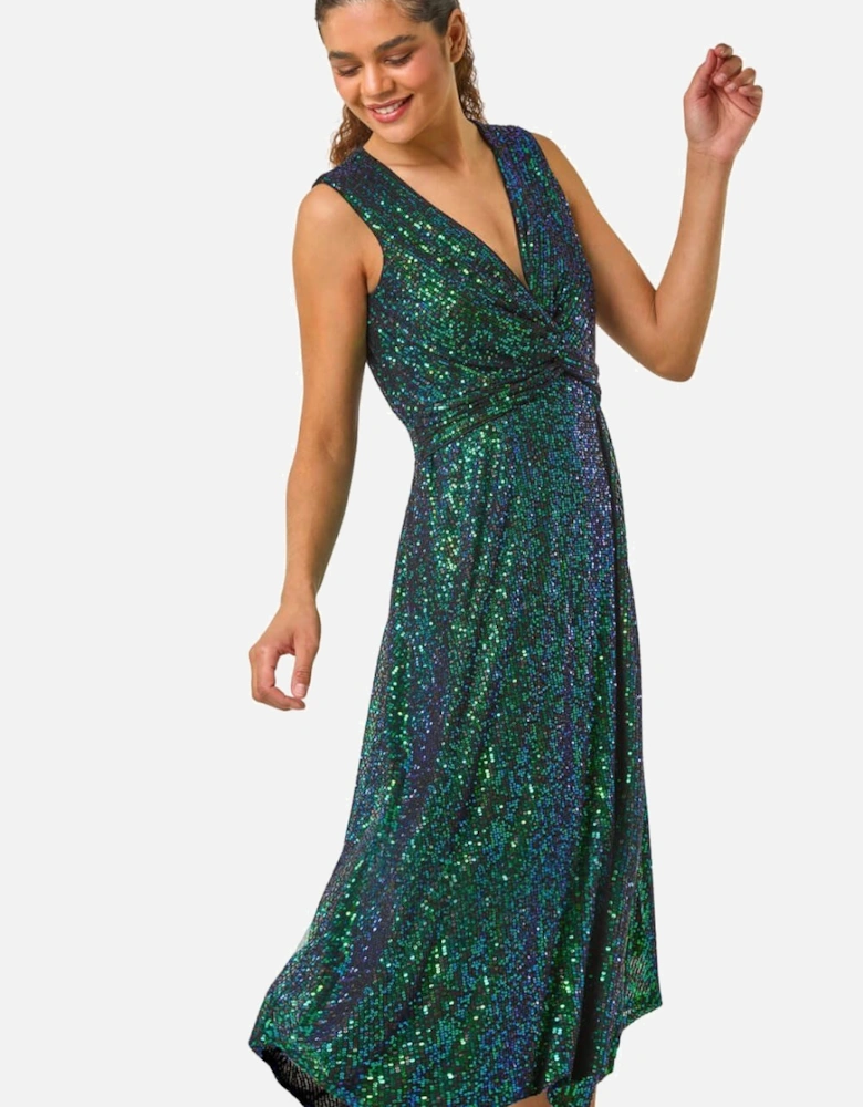 Sequin Wrap Twist Front Midi Dress