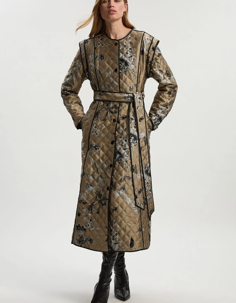 Petite Printed Jacquard Padded Collarless Full Midi Coat
