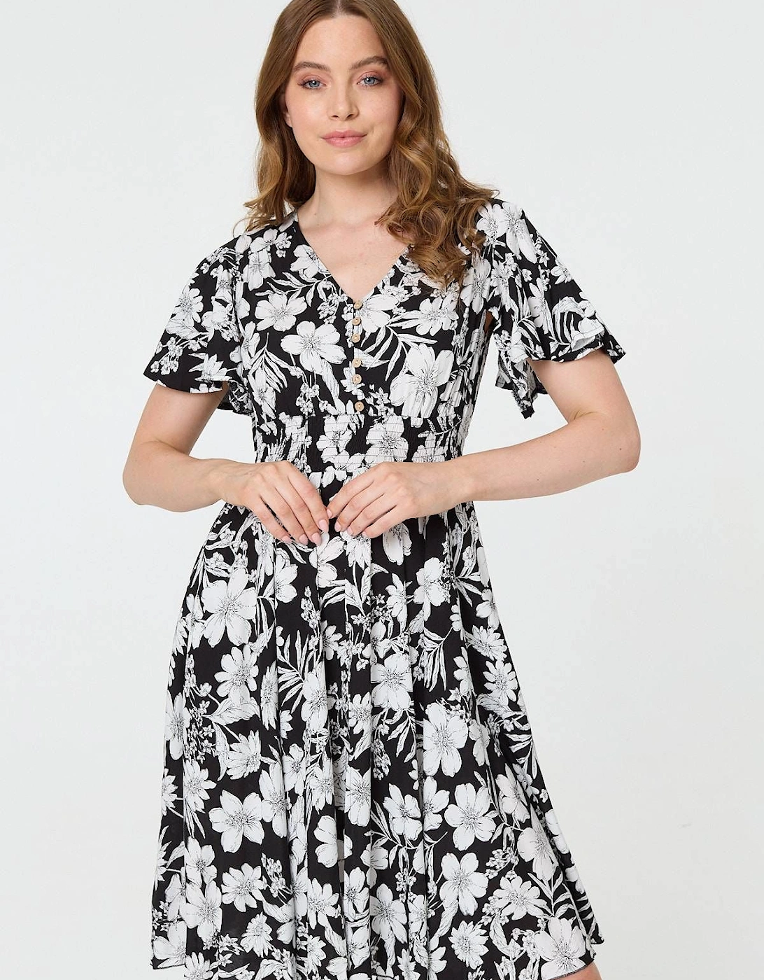 Floral Shirred Knee Length Dress, 2 of 1