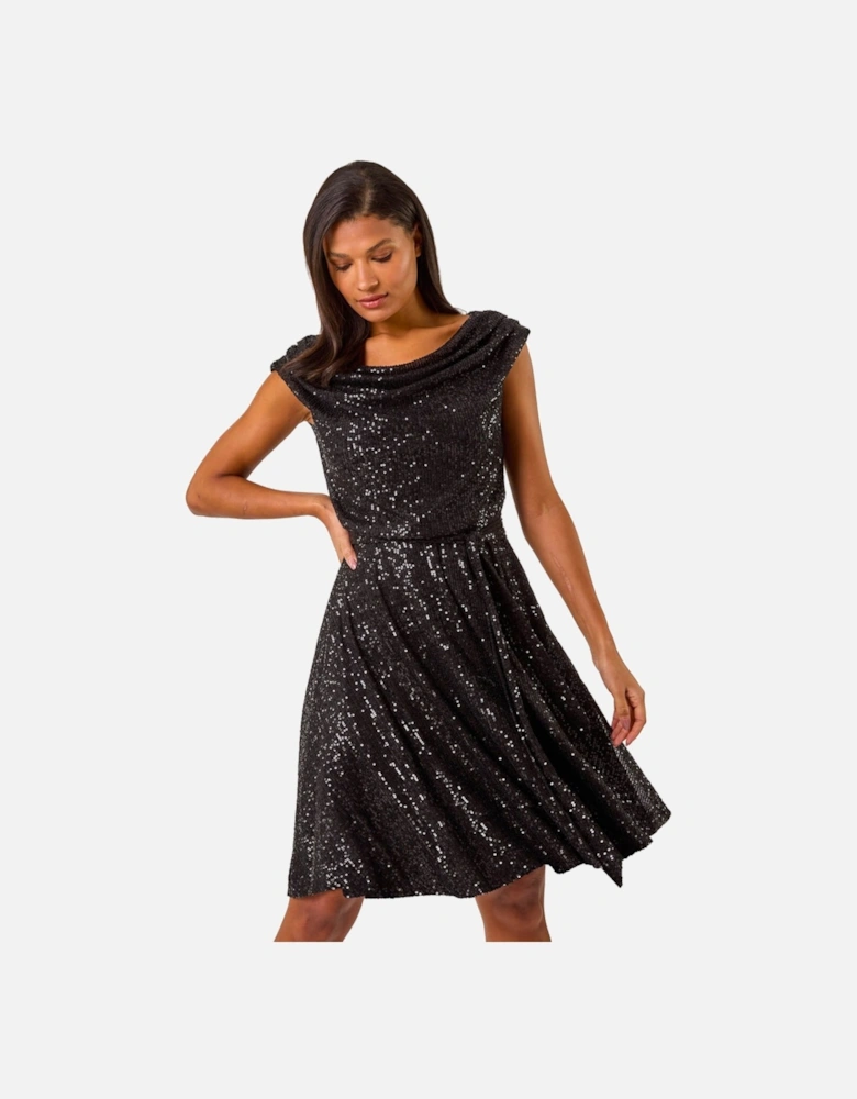 Sequin Cowl Neck Stretch Midi Dress