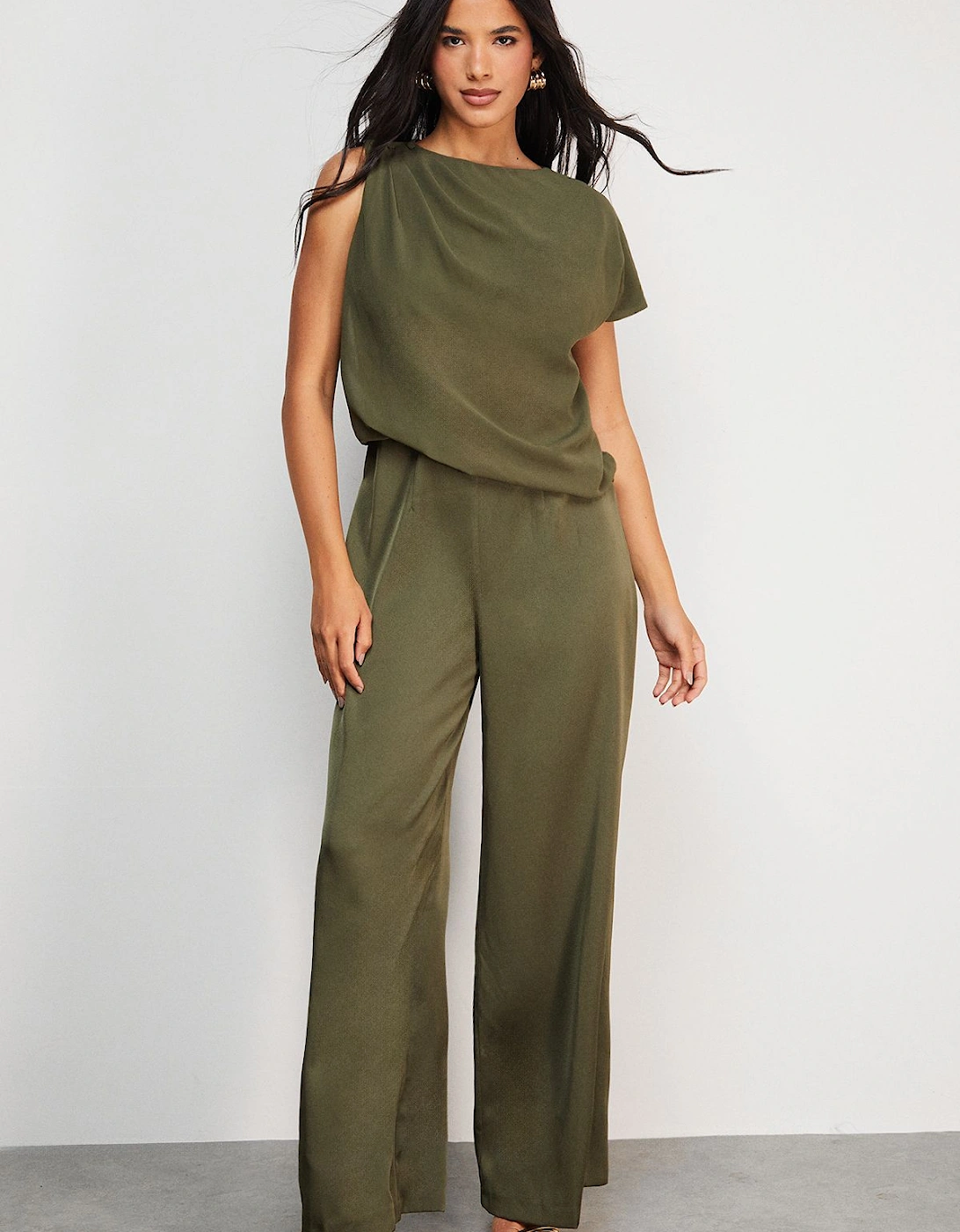 Satin Chiffon Mix One Shoulder Drape Jumpsuit, 2 of 1