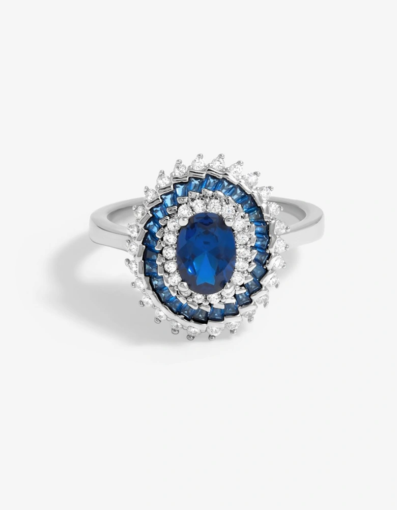 Rhodium Plated Cubic Zirconia Sapphire And Crystal Coktail Ring