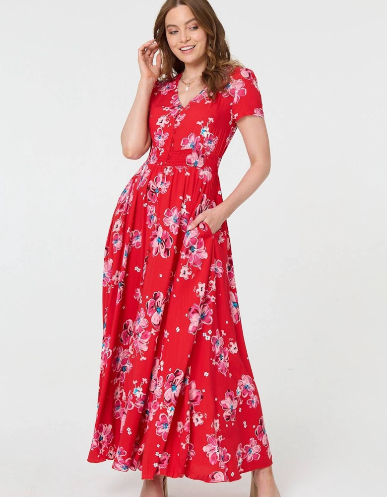 Floral Short Sleeve Shirred Maxi Dress