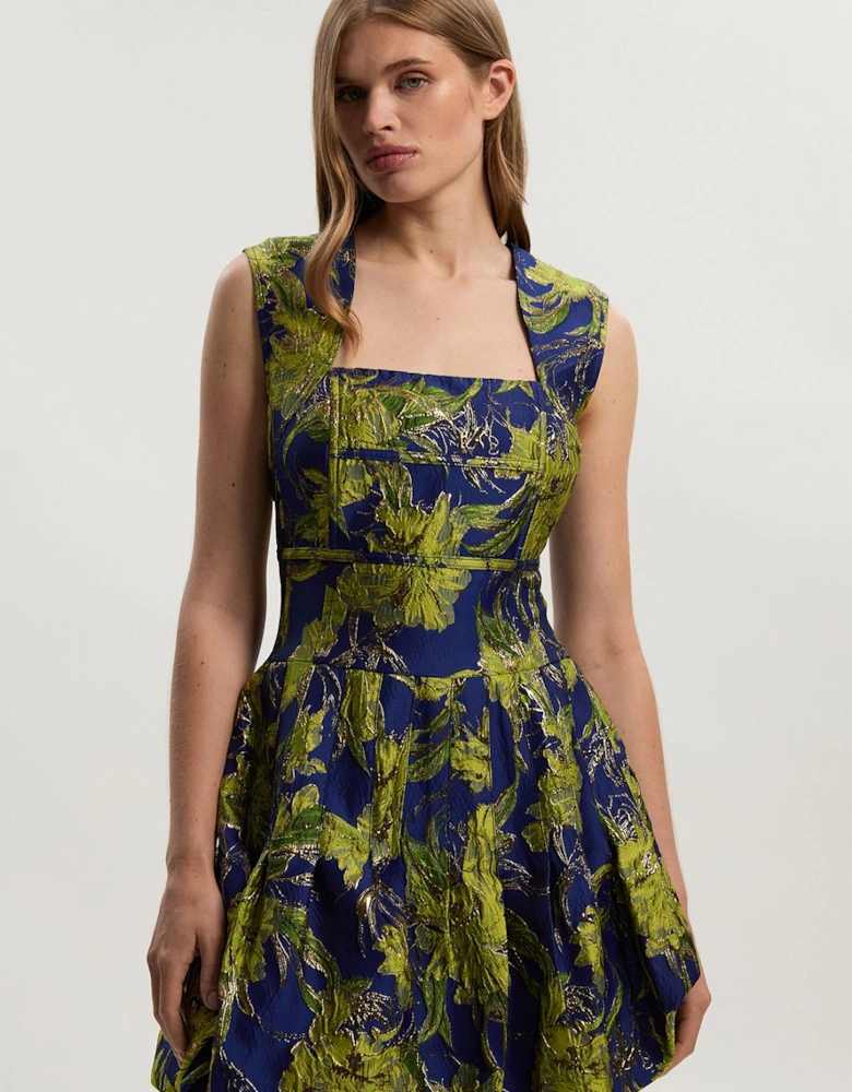 Floral Jacquard Tailored Puff Mini Dress