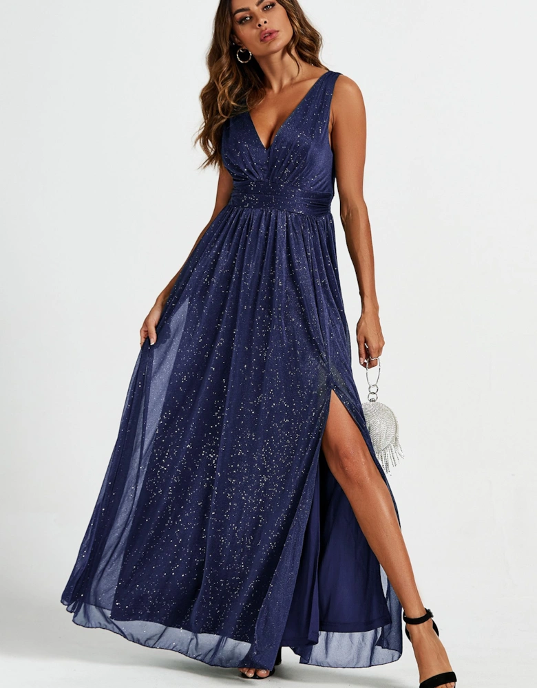 Sparkly V Neck Bridesmaid Maxi Dress In Navy