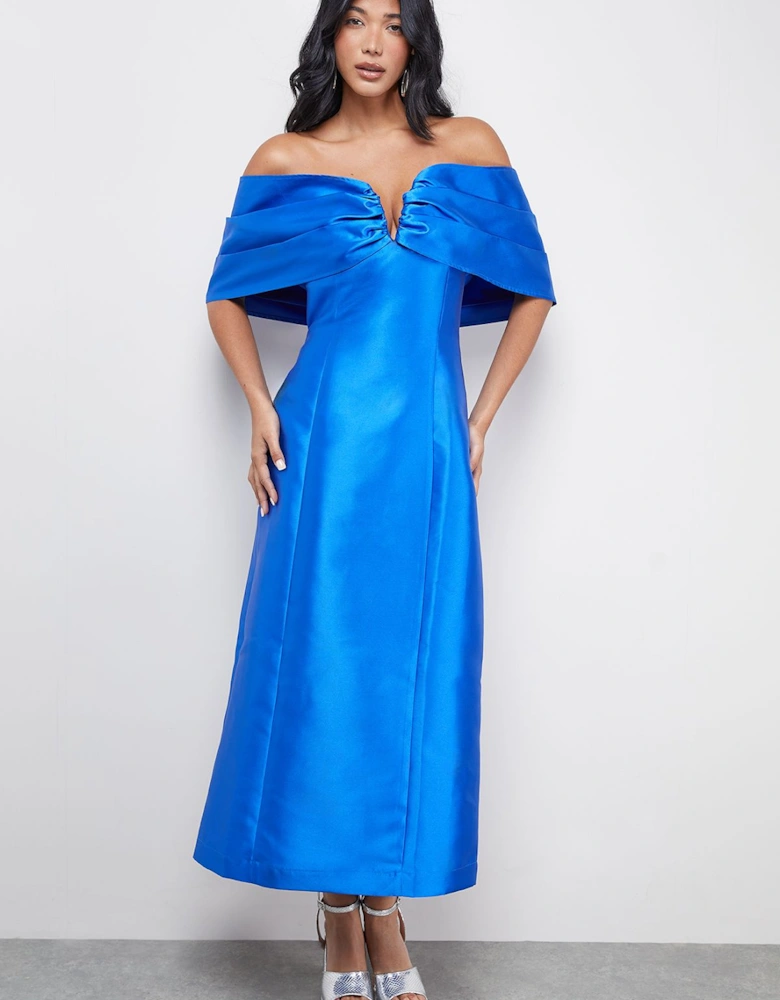 Satin Twill Notch Front Bardot Midi Dress