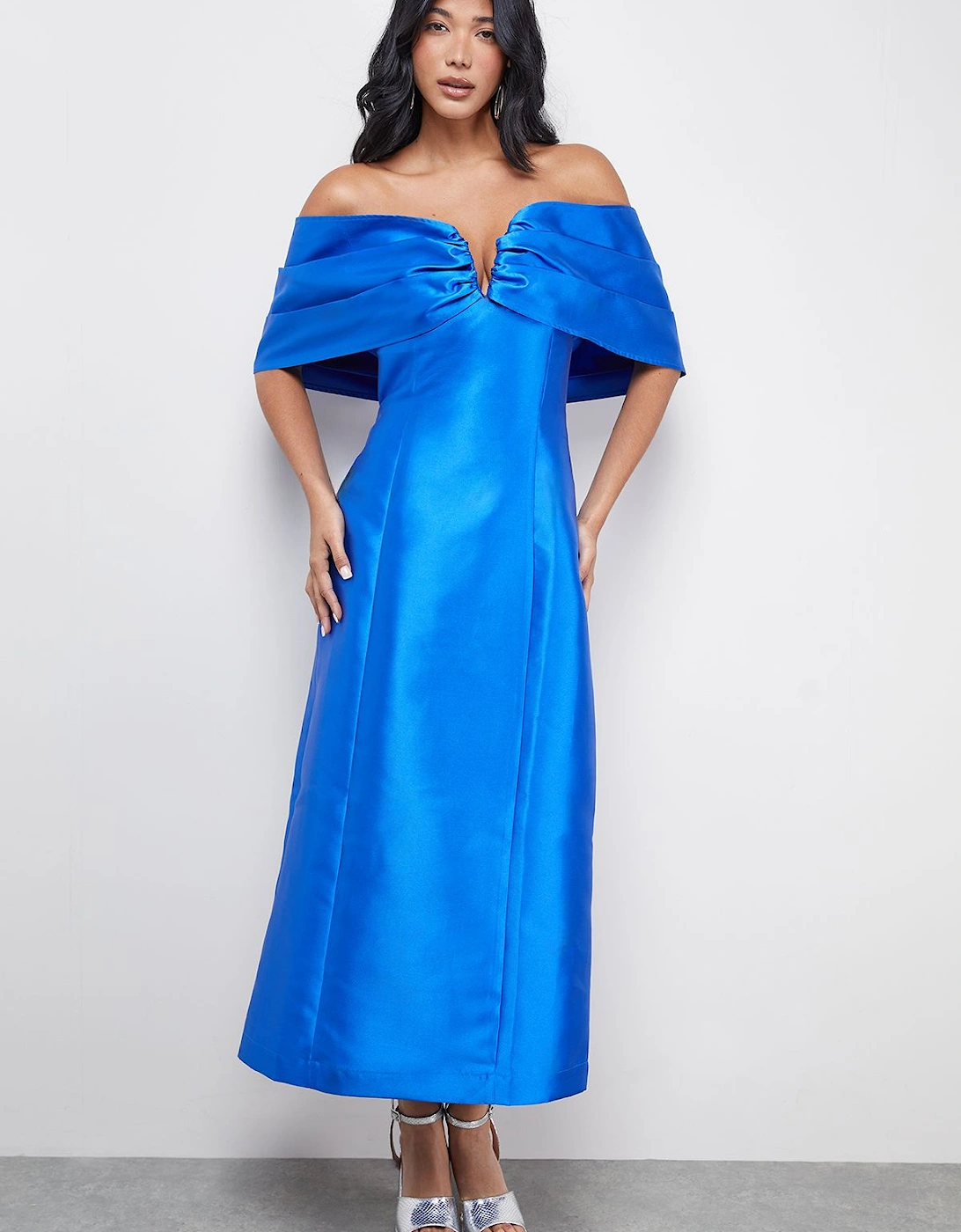Satin Twill Notch Front Bardot Midi Dress, 2 of 1