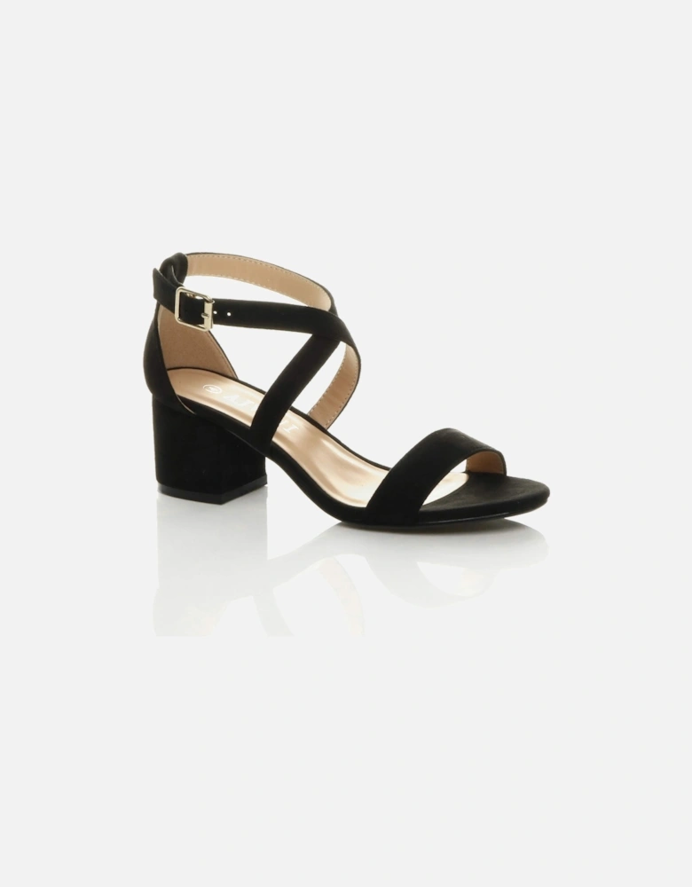 Mid Block Heel Crossed Straps Faux Suede Heeled Sandals