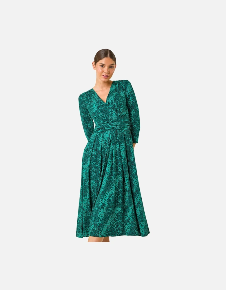 Animal Print Mock Wrap Midi Dress