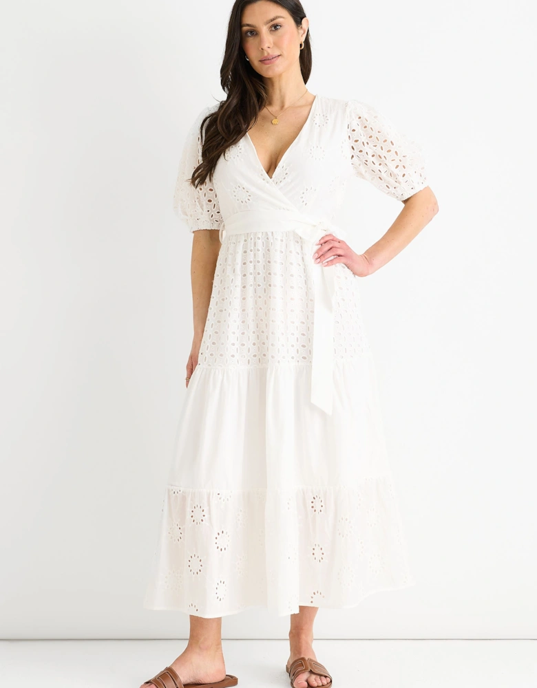 White Wrap Broderie Cotton Belted Midi Dress